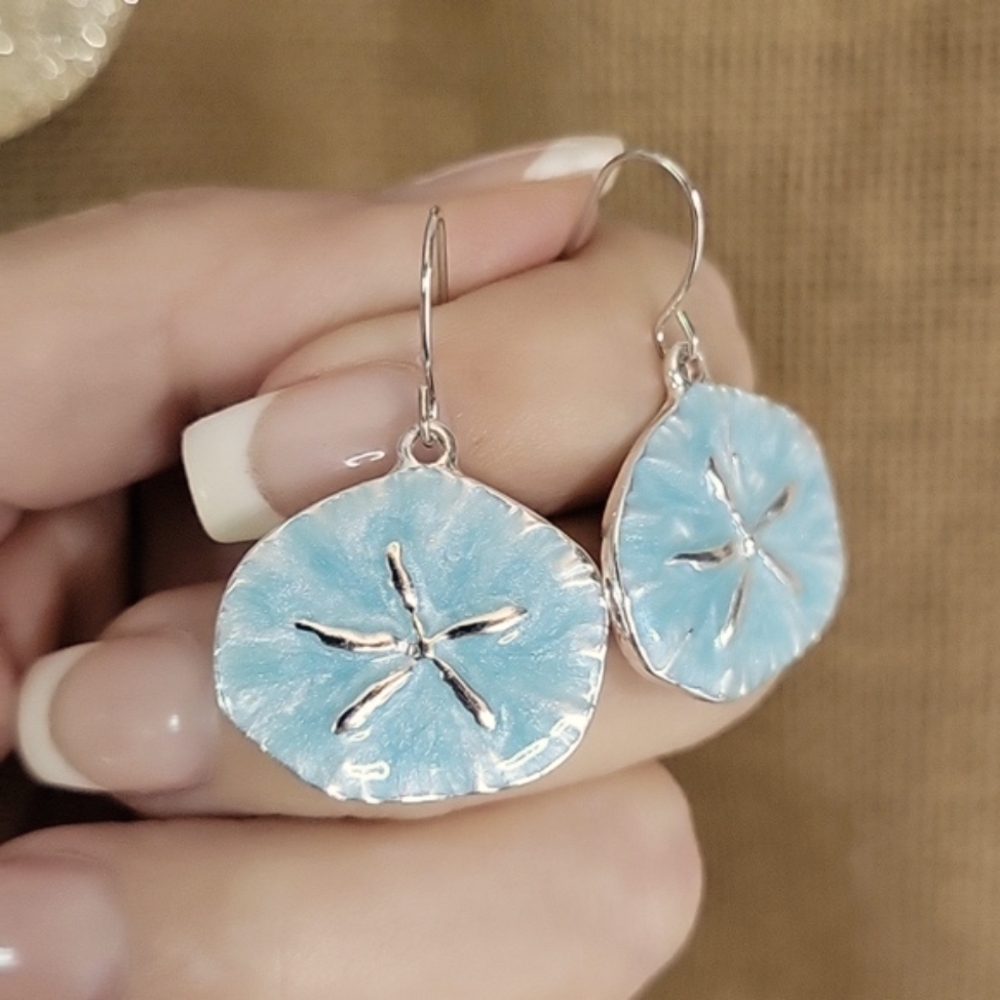 Handcrafted Silver Sand Dollar Drop Earrings in Sky Blue